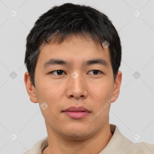 Neutral asian young-adult male with short  brown hair and brown eyes