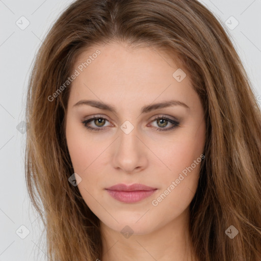 Neutral white young-adult female with long  brown hair and brown eyes