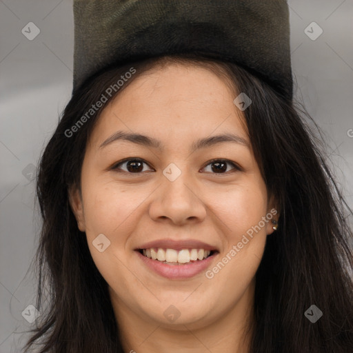 Joyful asian young-adult female with long  brown hair and brown eyes
