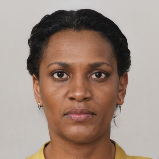 Neutral black young-adult female with short  black hair and brown eyes