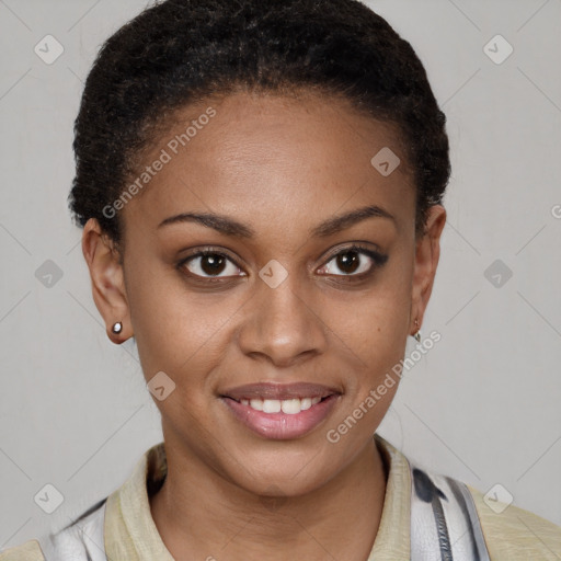 Joyful black young-adult female with short  brown hair and brown eyes