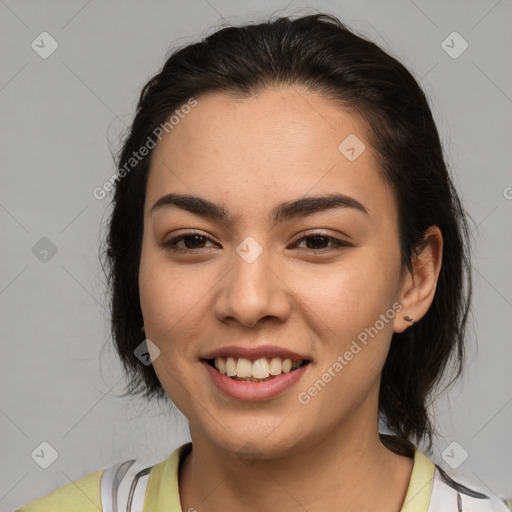 Joyful asian young-adult female with medium  brown hair and brown eyes