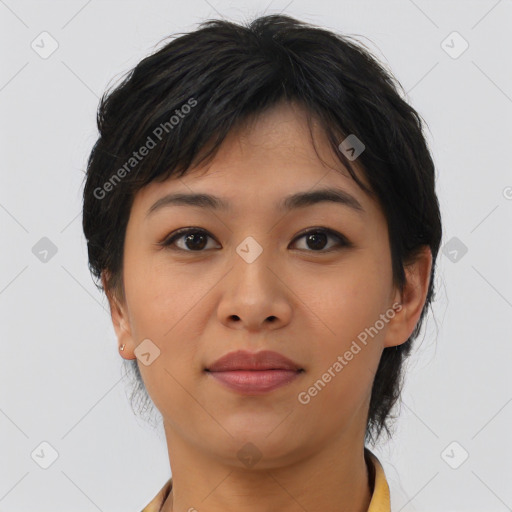 Joyful asian young-adult female with medium  brown hair and brown eyes