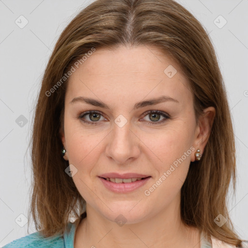 Joyful white young-adult female with medium  brown hair and green eyes