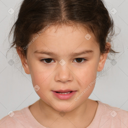 Joyful white child female with short  brown hair and brown eyes