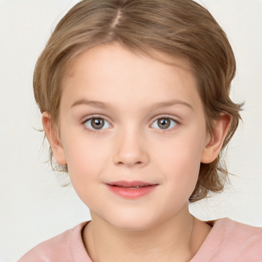 Joyful white child female with medium  brown hair and blue eyes