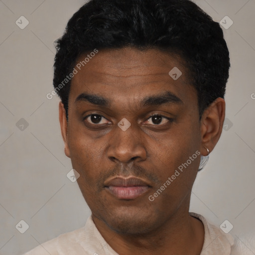 Neutral black young-adult male with short  black hair and brown eyes