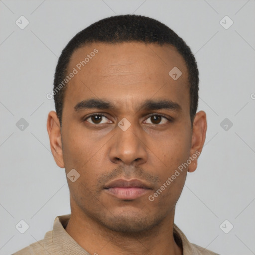 Neutral latino young-adult male with short  black hair and brown eyes