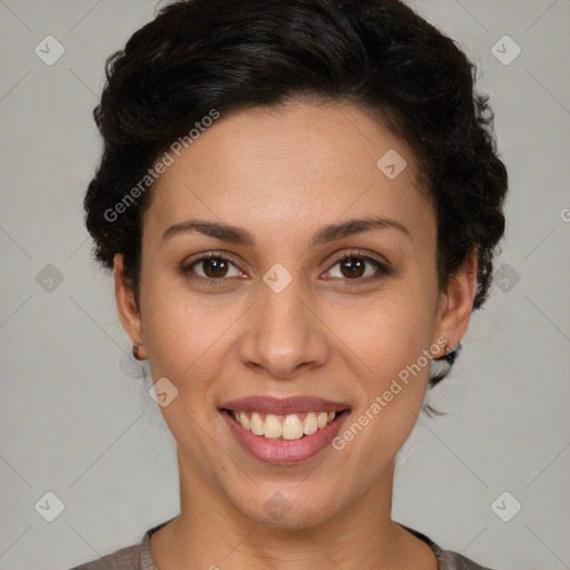 Joyful latino young-adult female with short  brown hair and brown eyes