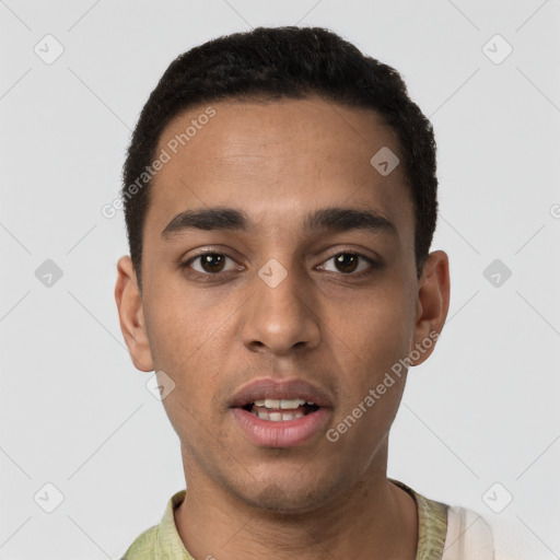 Neutral latino young-adult male with short  black hair and brown eyes