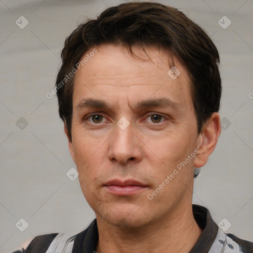 Neutral white adult male with short  brown hair and brown eyes