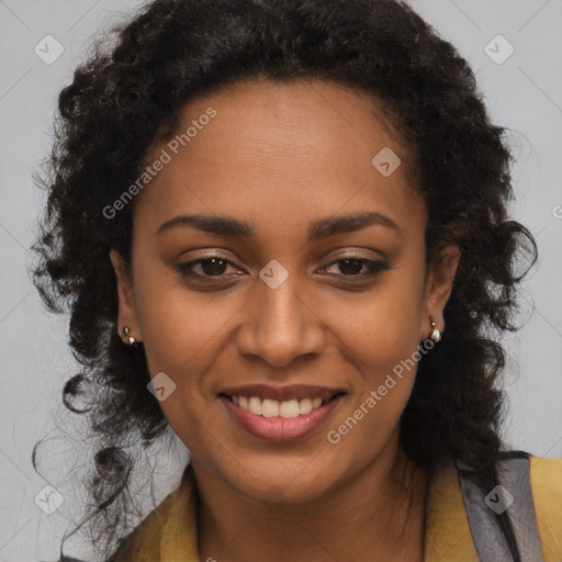 Joyful black young-adult female with long  brown hair and brown eyes