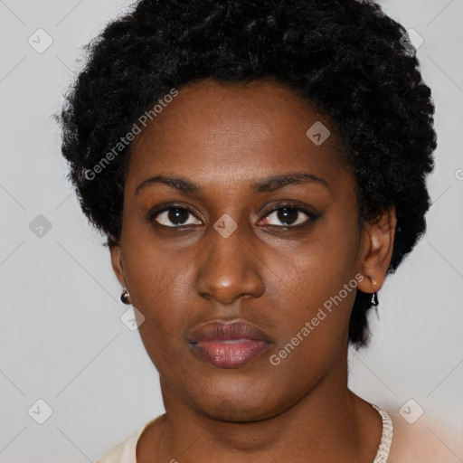 Neutral black young-adult female with short  black hair and brown eyes