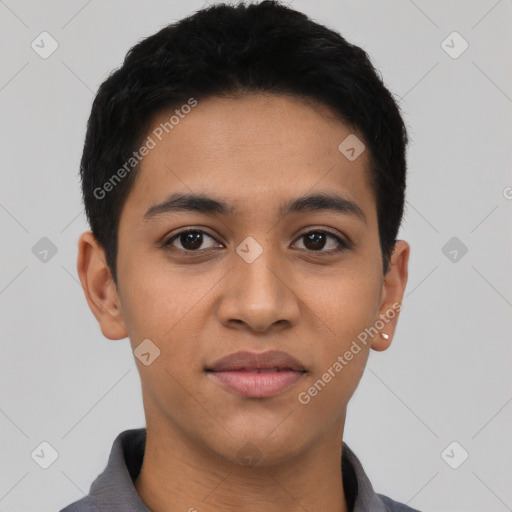 Joyful latino young-adult male with short  black hair and brown eyes