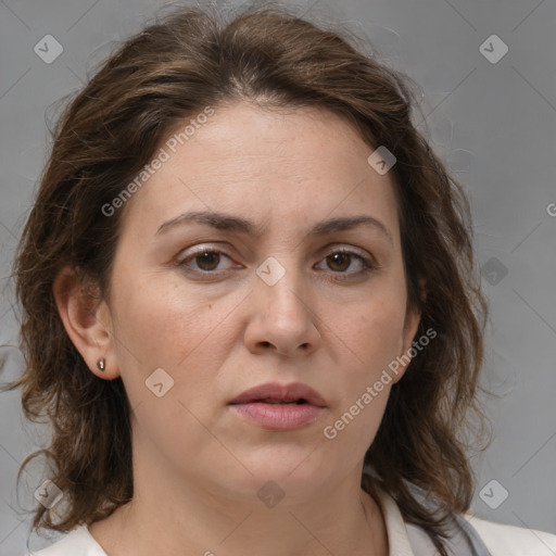 Neutral white young-adult female with medium  brown hair and brown eyes