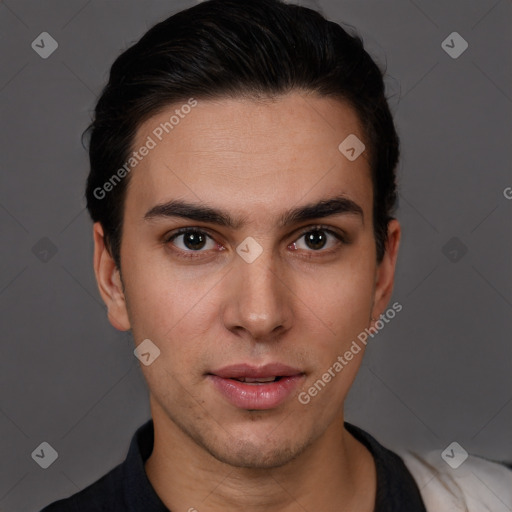 Neutral white young-adult male with short  brown hair and brown eyes