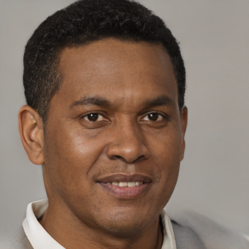Joyful black young-adult male with short  brown hair and brown eyes
