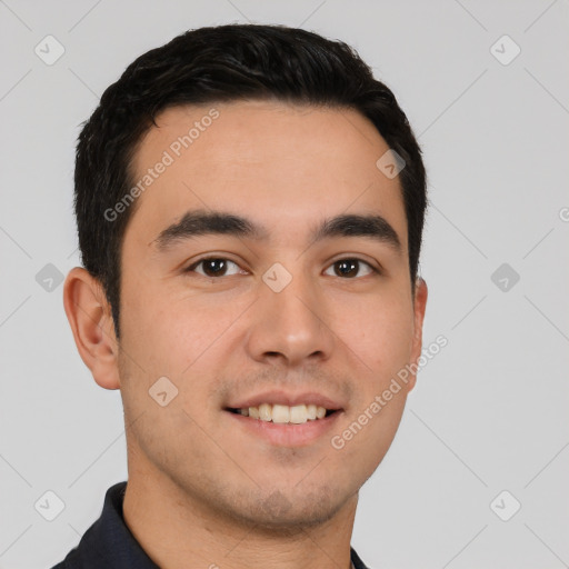 Joyful white young-adult male with short  black hair and brown eyes