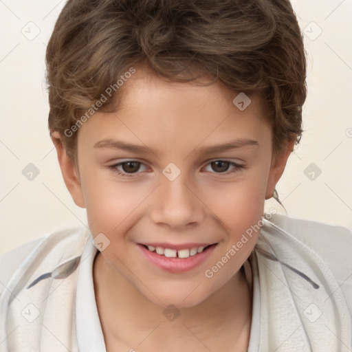 Joyful white child female with short  brown hair and brown eyes