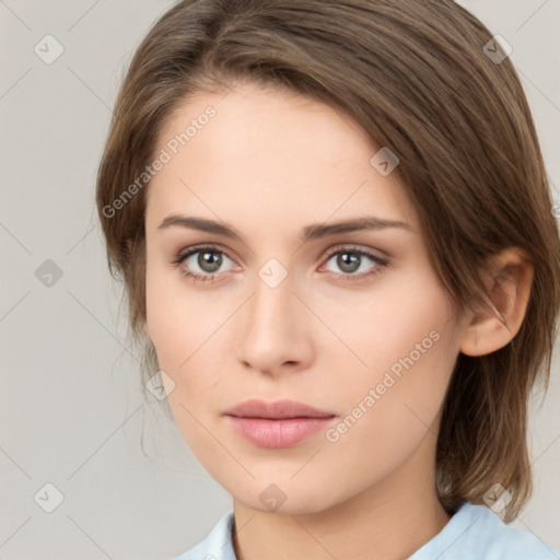 Neutral white young-adult female with medium  brown hair and brown eyes