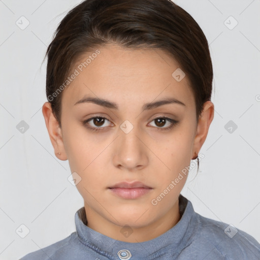 Neutral white young-adult female with short  brown hair and brown eyes