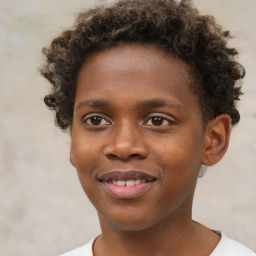 Joyful black young-adult male with short  brown hair and brown eyes