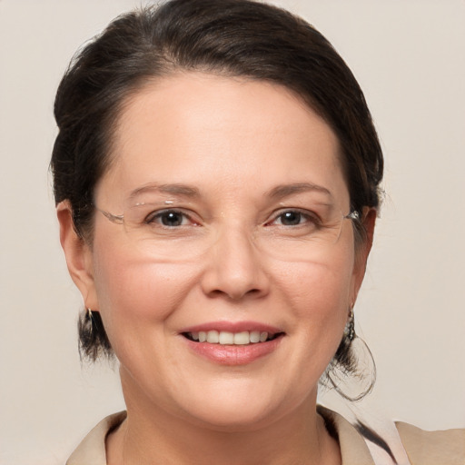 Joyful white adult female with medium  brown hair and brown eyes