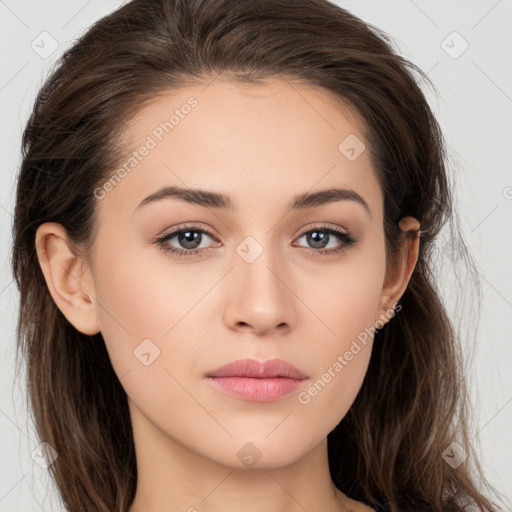 Neutral white young-adult female with long  brown hair and brown eyes