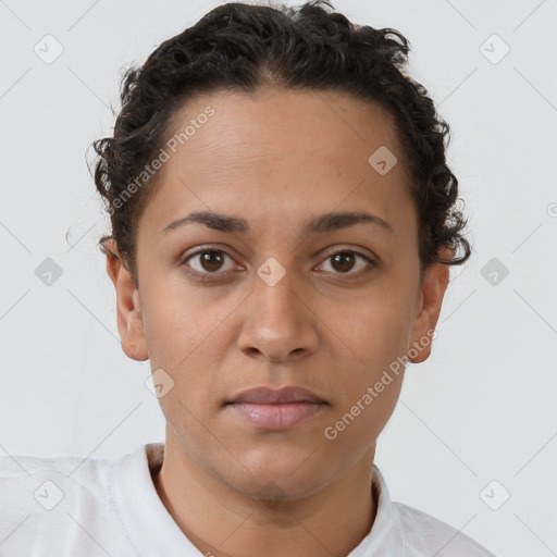 Neutral white young-adult female with short  brown hair and brown eyes