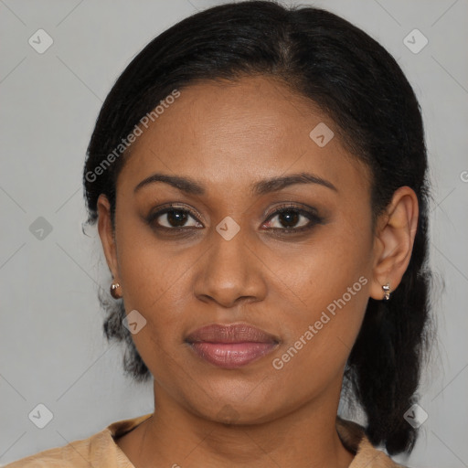 Joyful black young-adult female with medium  black hair and brown eyes