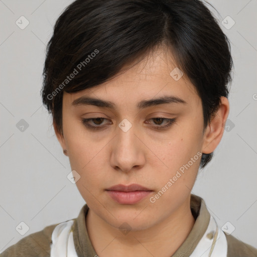 Neutral white young-adult female with medium  brown hair and brown eyes