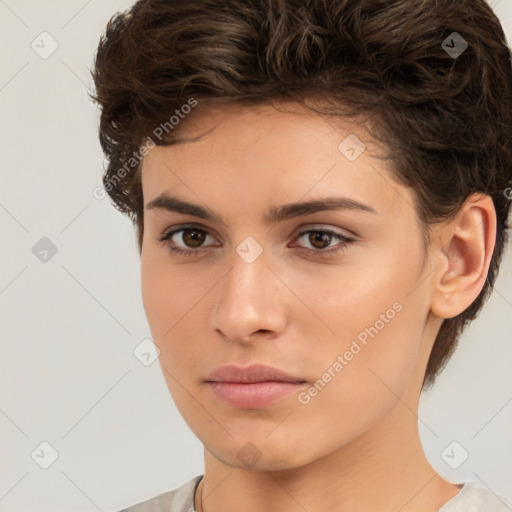 Neutral white young-adult female with short  brown hair and brown eyes