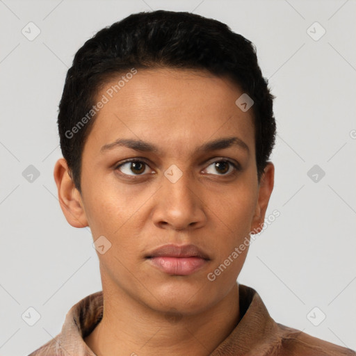 Neutral latino young-adult female with short  black hair and brown eyes