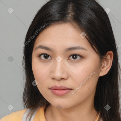 Neutral white young-adult female with long  brown hair and brown eyes