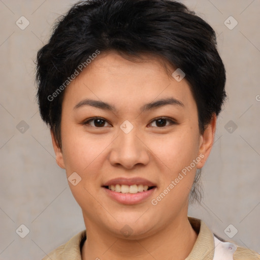 Joyful asian young-adult female with short  brown hair and brown eyes