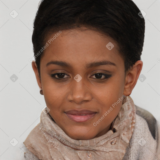 Joyful black young-adult female with short  brown hair and brown eyes