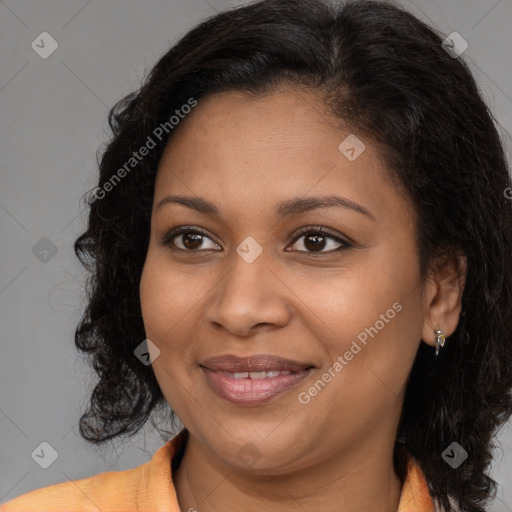 Joyful black young-adult female with medium  brown hair and brown eyes