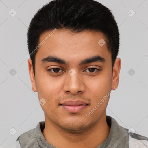 Neutral latino young-adult male with short  black hair and brown eyes