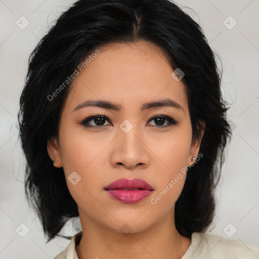 Neutral asian young-adult female with medium  brown hair and brown eyes