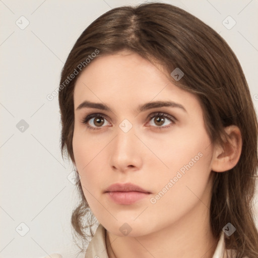 Neutral white young-adult female with medium  brown hair and brown eyes