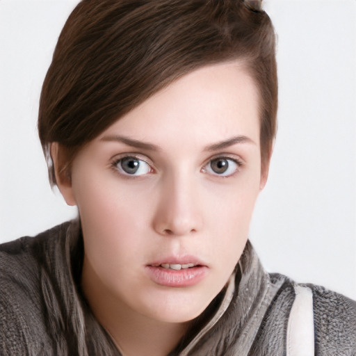 Neutral white young-adult female with short  brown hair and brown eyes