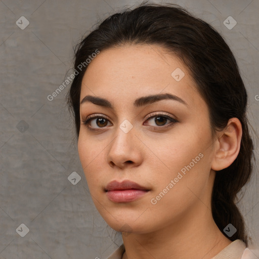 Neutral white young-adult female with medium  brown hair and brown eyes