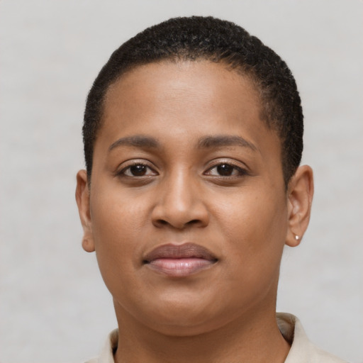 Neutral black young-adult female with short  brown hair and brown eyes
