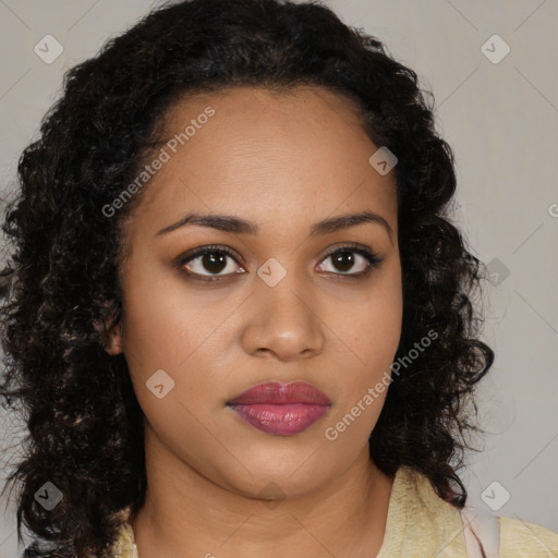 Joyful black young-adult female with medium  black hair and brown eyes