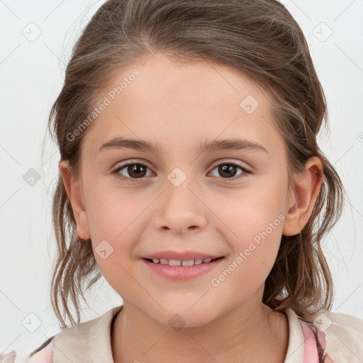 Joyful white child female with medium  brown hair and brown eyes