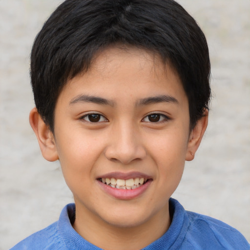 Joyful asian child female with short  brown hair and brown eyes