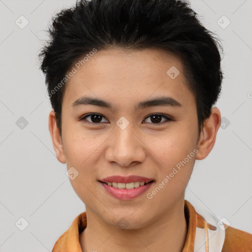 Joyful asian young-adult female with short  brown hair and brown eyes