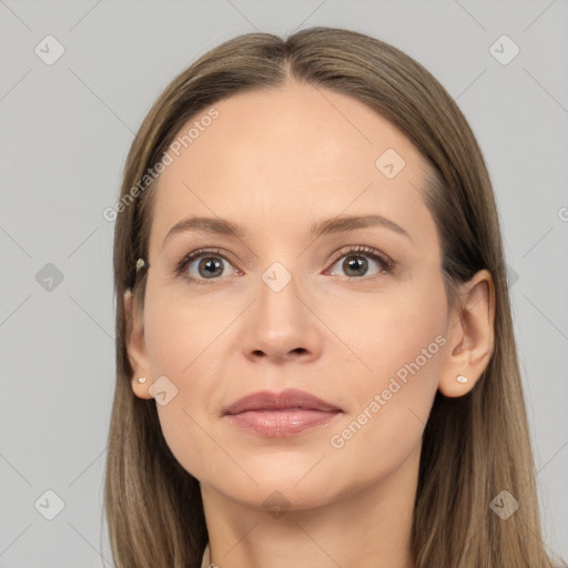 Neutral white young-adult female with long  brown hair and brown eyes