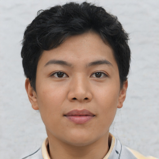 Neutral asian young-adult female with short  brown hair and brown eyes