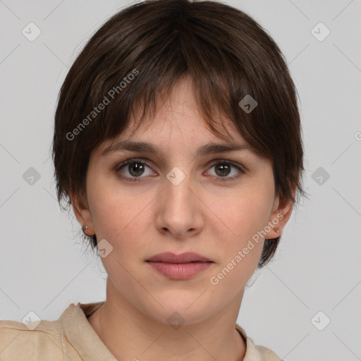 Neutral white young-adult female with medium  brown hair and brown eyes